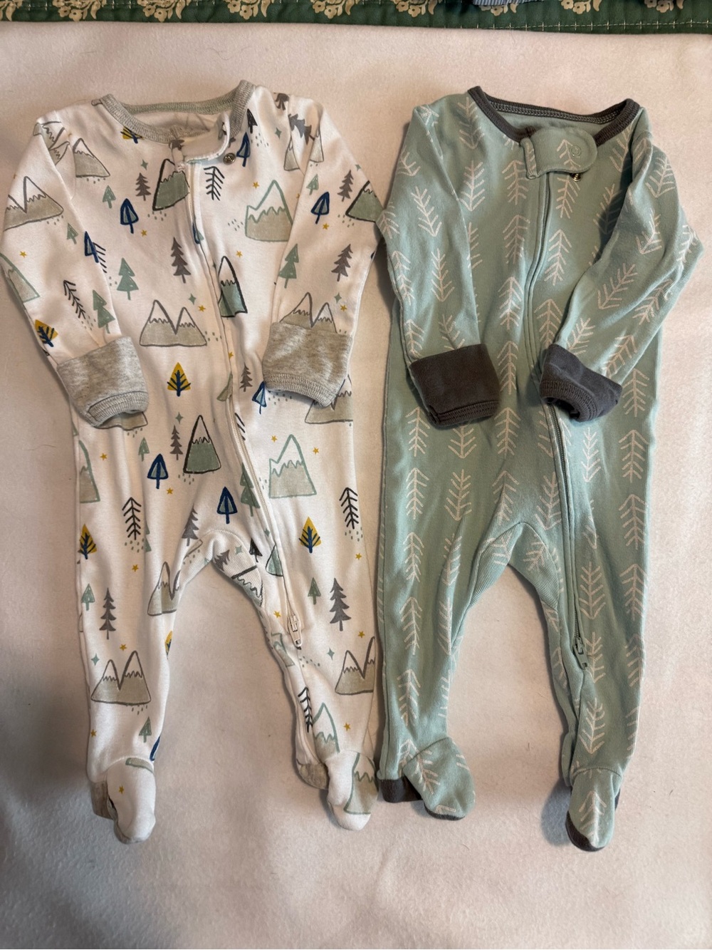 Baby Footed One-Piece Sleepers — Sage Green & Cream Forest Print